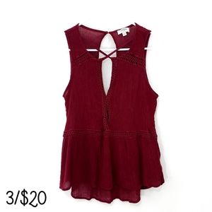 Umgee Maroon V Neck Ruffle Hem Flowy Sleeveless Blouse Large